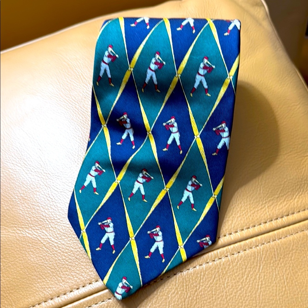 318.  Tommy Hilfiger Baseball Patterned Silk Neck Tie - Blue and Green